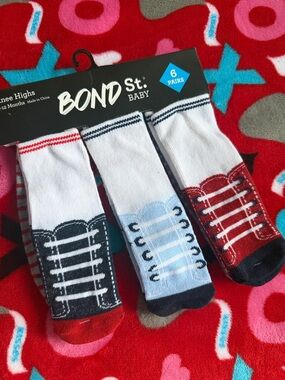 Bonds Baby Knee-High Socks - White with Red, Blue & Black Shoe Prints - 6 Pairs